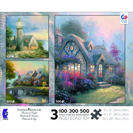 Candlelight Cottage / Cobblestone Bridge / A Light in the Storm - 3 in 1 Ceaco 900 Piece Puzzle